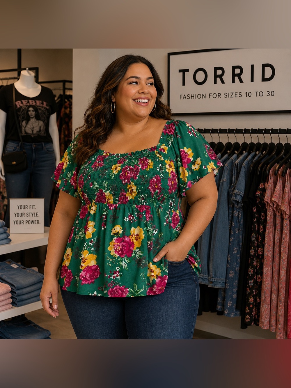 NWT Torrid Green Floral Smocked Poplin Top (1X, 14/16)